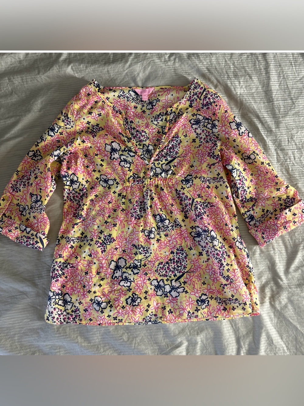 Lilly Pulitzer M Pink Yellow Floral V-Neck Tunic Top